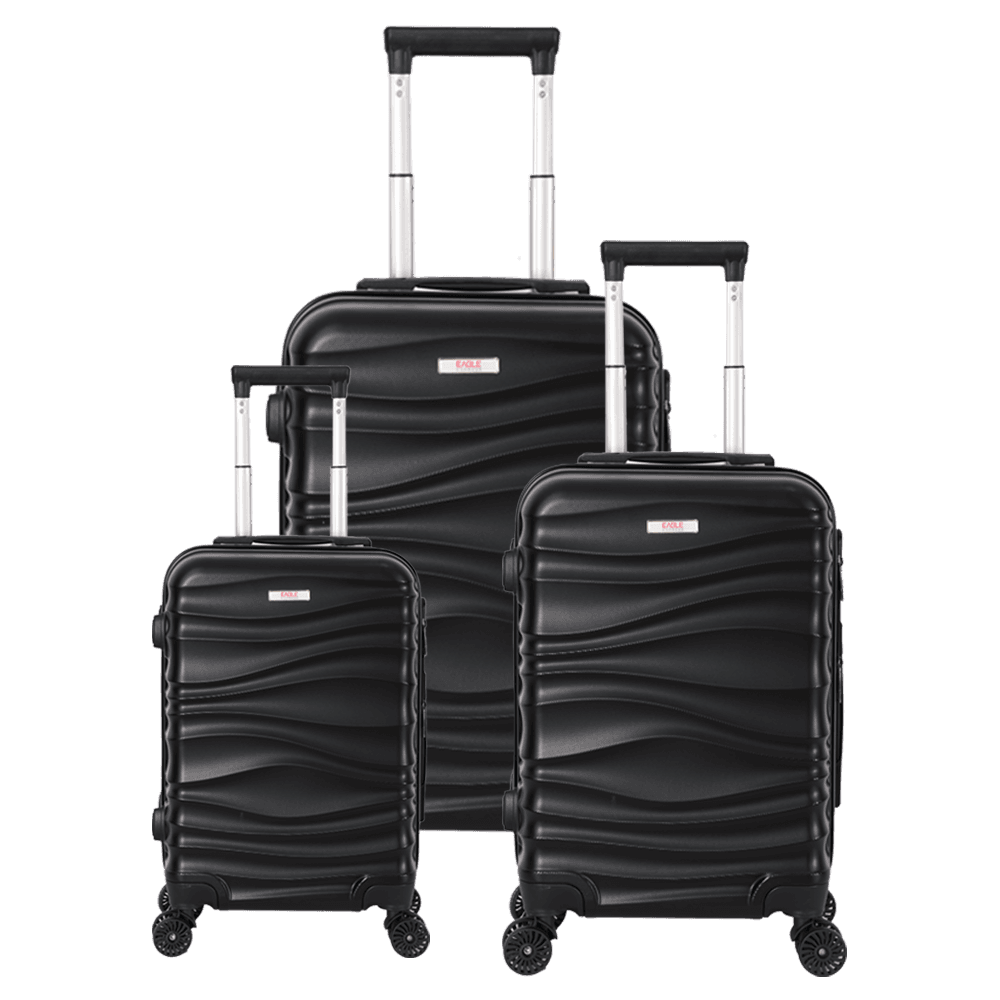 3-piece black trolley bags with 360° wheels, scratch resistant finish