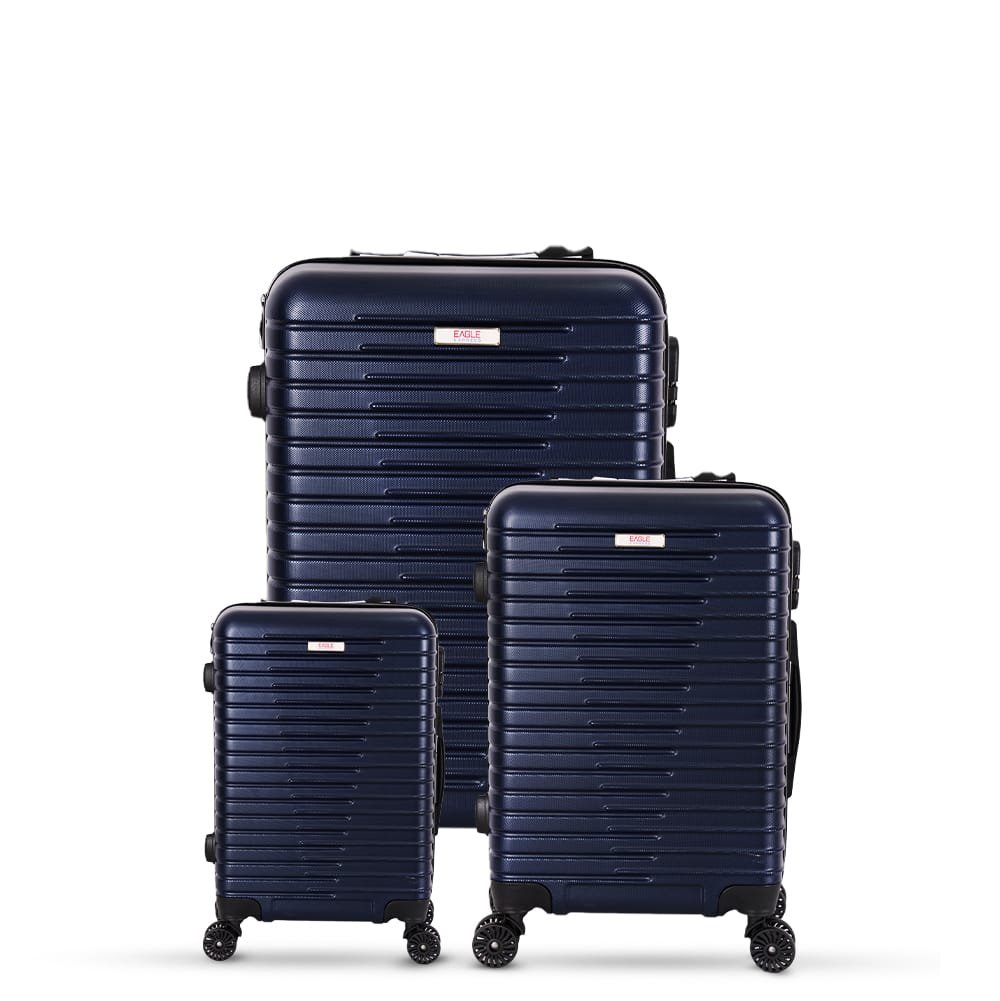 3-piece navy blue trolley bags with 360° wheels, scratch resistant finish