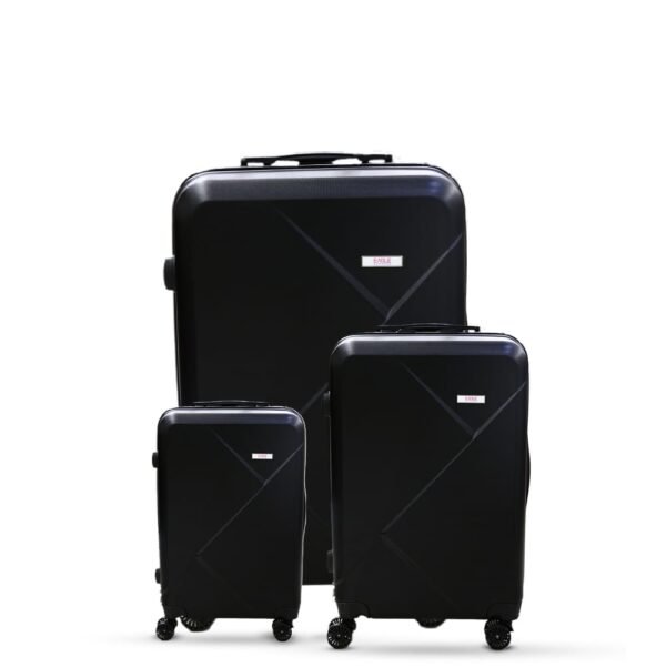 3-piece Black trolley bags with 360 wheels, scratch-resistant finish.